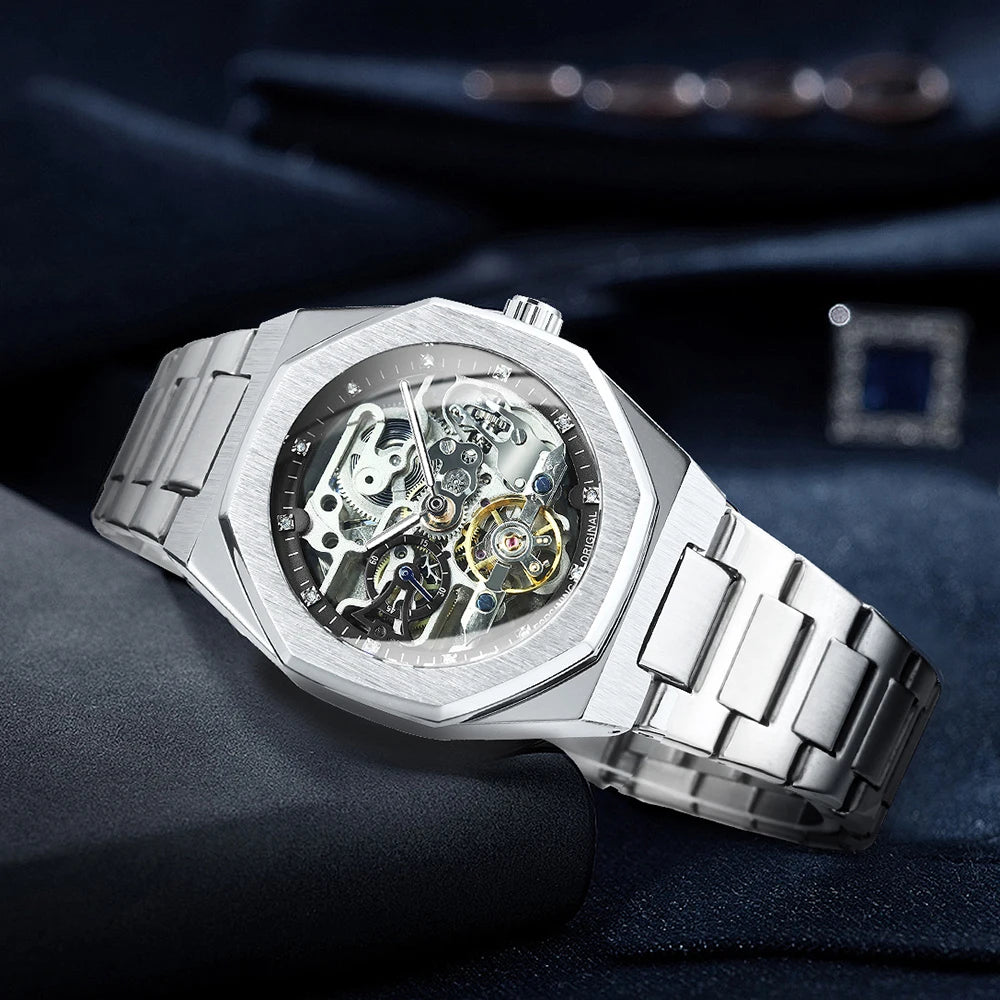 Tourbillon Skeleton Mechanical Watch for Men Luminous Hands Stainless Steel Strap Fashion Business Automatic Watches