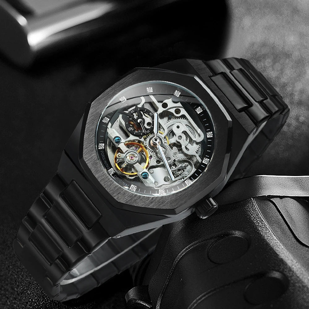 Tourbillon Skeleton Mechanical Watch for Men Luminous Hands Stainless Steel Strap Fashion Business Automatic Watches