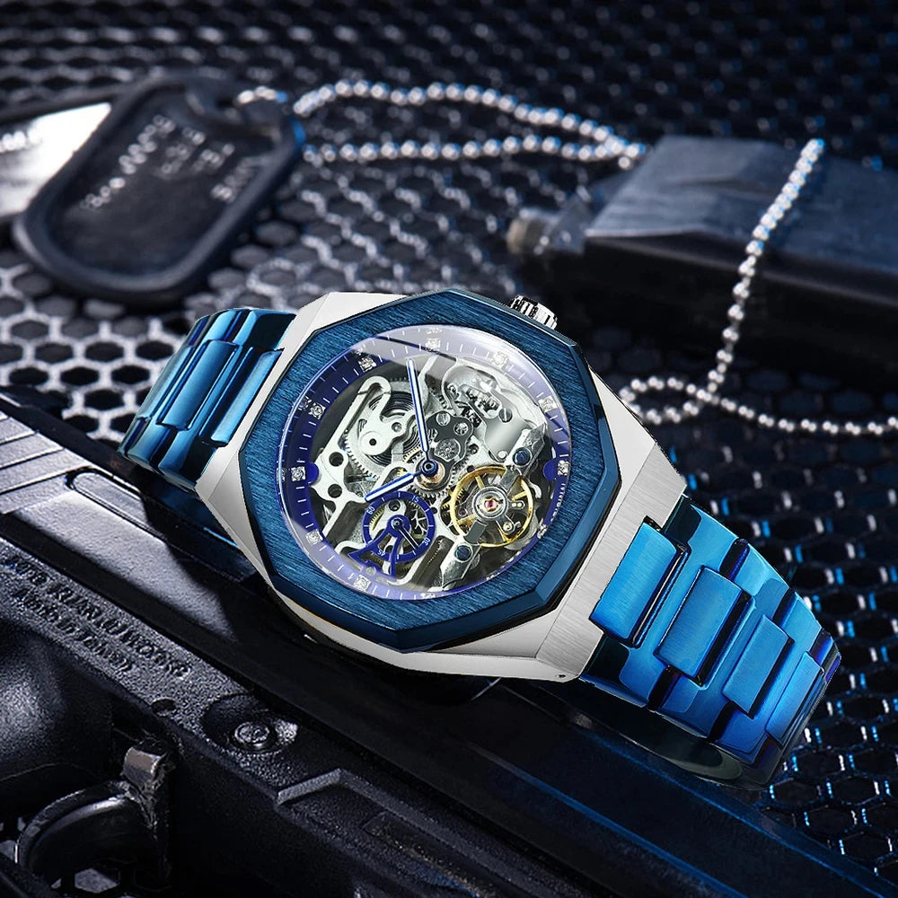 Tourbillon Skeleton Mechanical Watch for Men Luminous Hands Stainless Steel Strap Fashion Business Automatic Watches